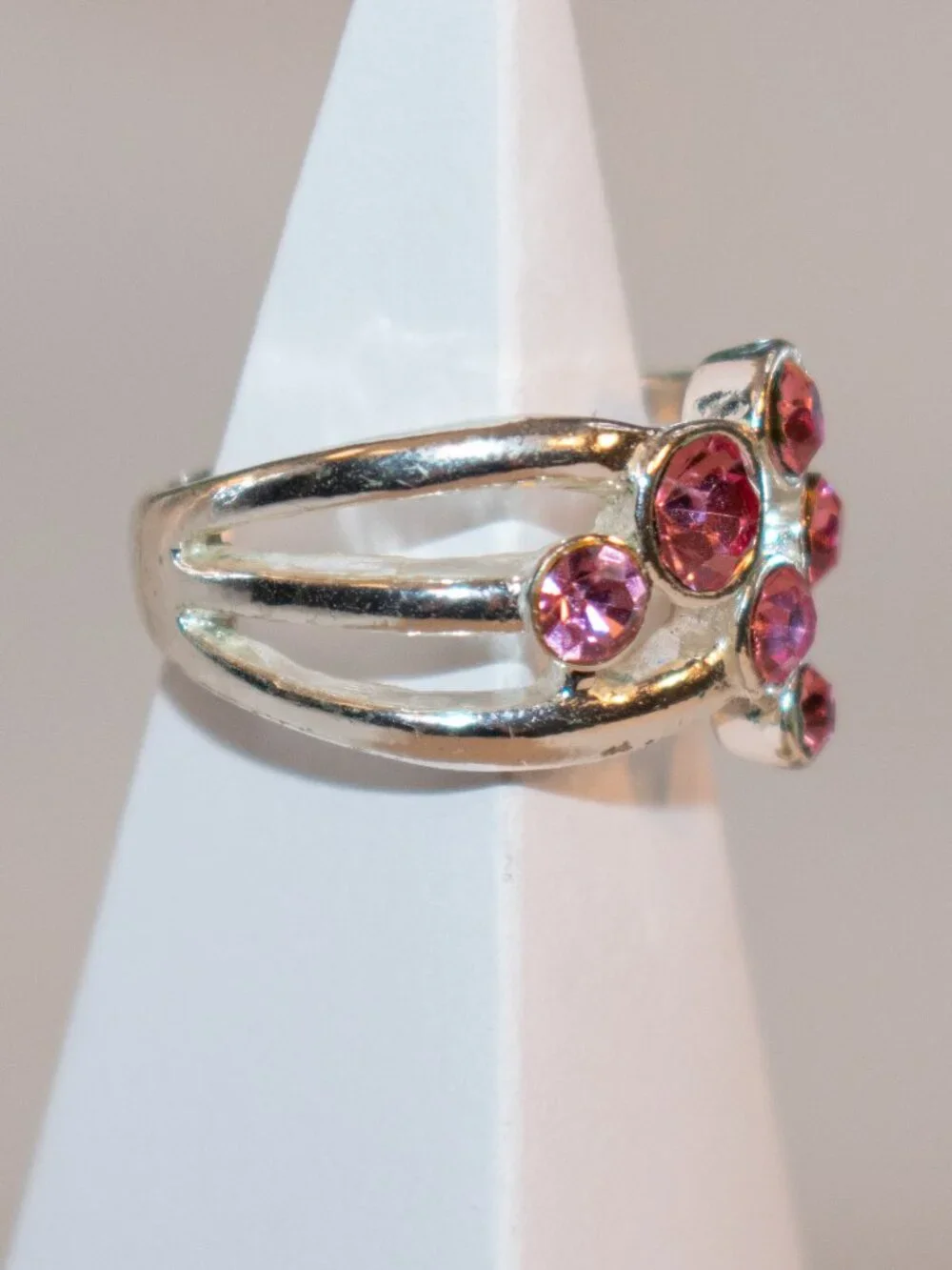 Silver Tone Cluster Ring with Pink Stones US 7